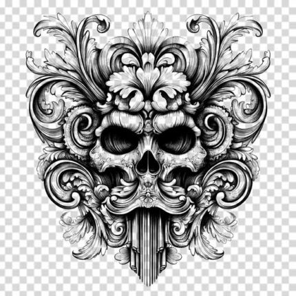 Gothic Scary skull with ornamental design black and white transparent PNG