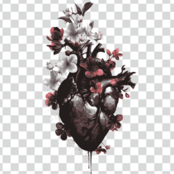 Scary and horrible Heart with dark flowers inside it in gothic style PNG