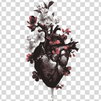 Scary and horrible Heart with dark flowers inside it in gothic style PNG