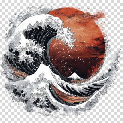 Japanese style of a tattoo design of mountain and wave in the sunset transparent PNG