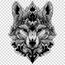 front view of Black and white Kitsune fox with ornament style PNG