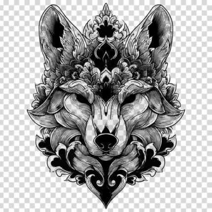 front view of Black and white Kitsune fox with ornament style PNG