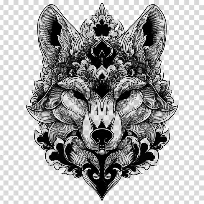 Kitsune-fox-with-ornament-style-PNG front view of Black and white Kitsune fox with ornament style PNG