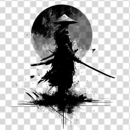 Samurai man with a Katana sword in transparent background PNG black and white