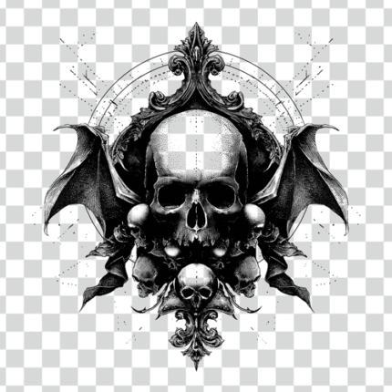 black and white Skull with wings around it with gothic theme transparent PNG