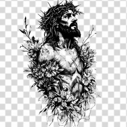 muscular christ in the center with flowers in around it black and white