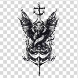 black and white illustration an anchor with dragon-like creature with wings PNG