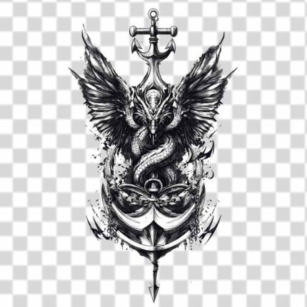 black and white illustration an anchor with dragon-like creature with wings PNG