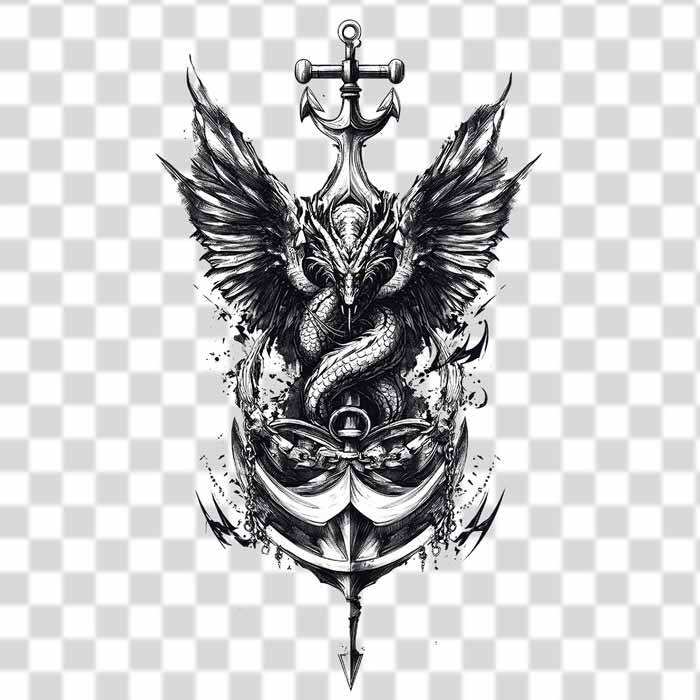 illustration an anchor with dragon-like creature with wings PNG black and white illustration an anchor with dragon-like creature with wings PNG