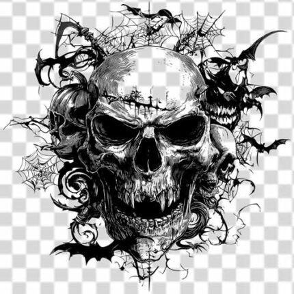 Skull head with gothic style and scary theme black and white