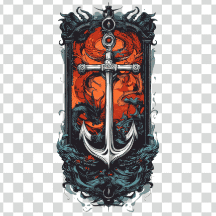 sleeve tattoo illustration of anchor with color theme and dragon behind it PNG