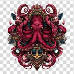 illustration of an octopus with deep magenta color tattoo PNG 4k high quality and free download