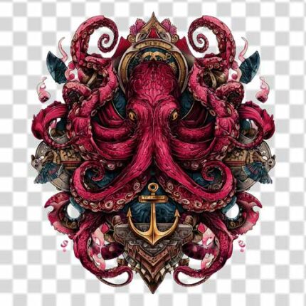 illustration of an octopus with deep magenta color tattoo PNG 4k high quality and free download