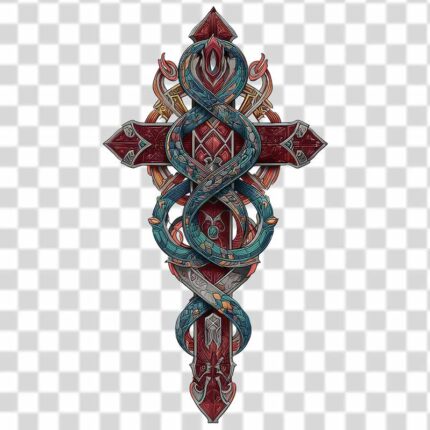 colored Ornate design resembling a cross and a sword PNG 4k no background