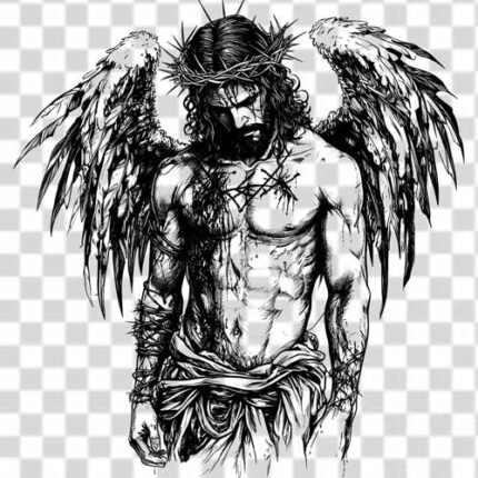 Free download monochrome illustration Christ on the cross with wings in the back PNG