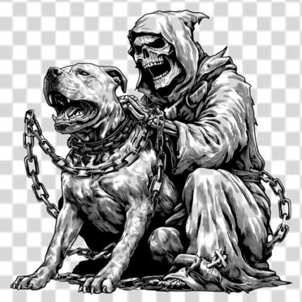 the Grim Reaper seated behind a large dog, both adorned with heavy chains, creating a dark and foreboding atmosphere PNG