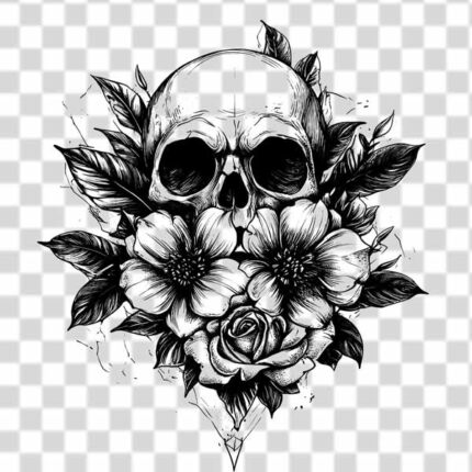 black and white gothic style of illustration of a skull adorned with flowers and foliage
