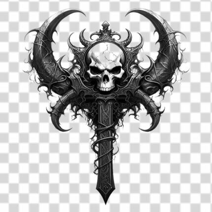 Scary stylized skull tattoo design integrated into the weapon and death transparent black and white