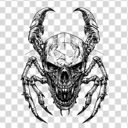 terrifying scorpion skull with six legs black and white 4k transparent PNG