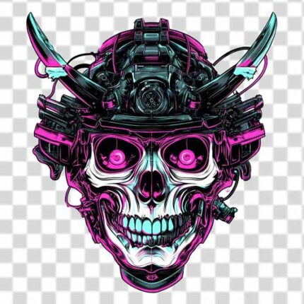 Neon cyberpunk skull head tattoo png