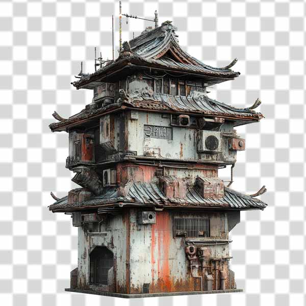 Destroyed-Japanese-house-in-transparent-Background Destroyed Japanese house in transparent Background