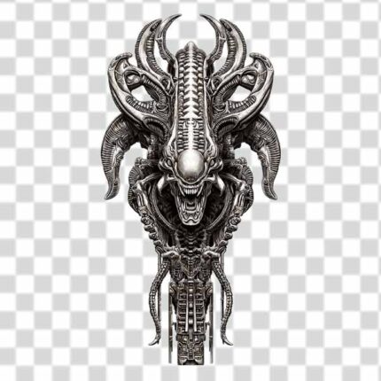 cyberpunk alien bio-mechanical design png in 4k transparent background