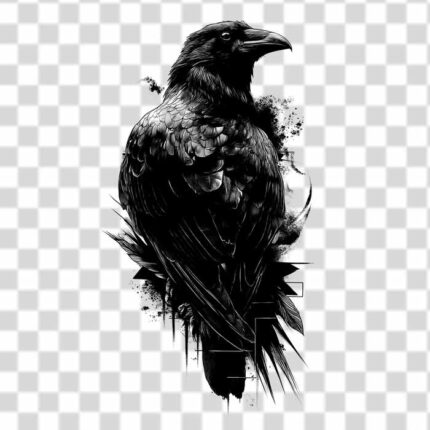 black and white illustration of a raven with splattered ink-like shapes in png background