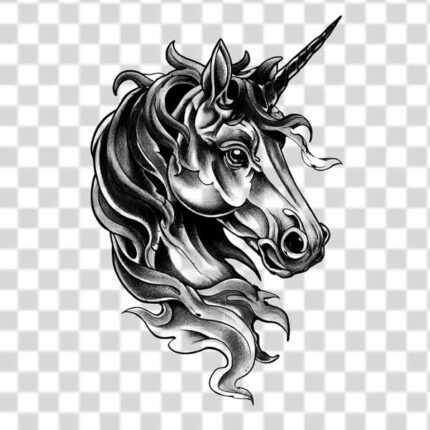 black and white Unicorn tattoo design transparent png