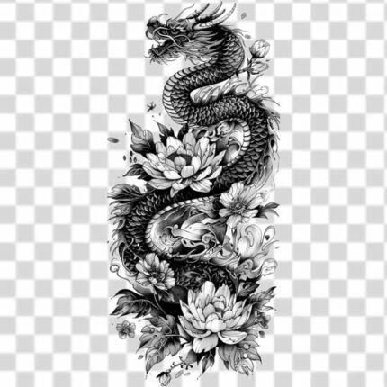 a dragon intertwined with flowers and traditional tattoo art png