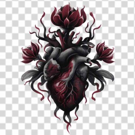 dramatic maroon dark heart with red flowers