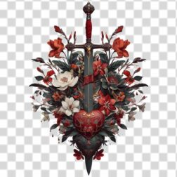 Dark sword with flowers and heart in the center tattoo png