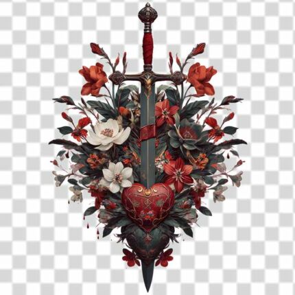 Dark sword with flowers and heart in the center tattoo png