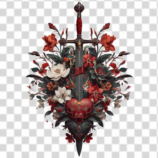 Dark sword with flowers and heart in the center tattoo png Dark sword with flowers and heart in the center tattoo png