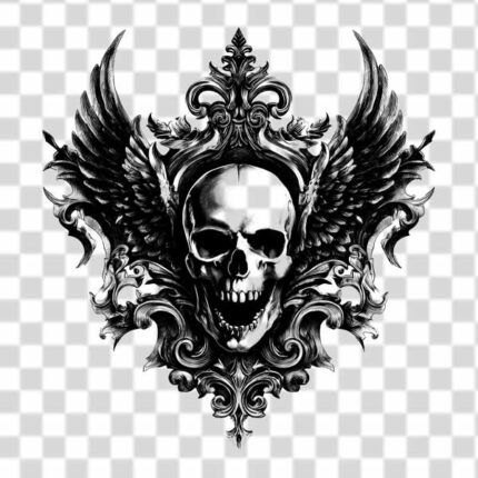 scary design of skull head with wings around it