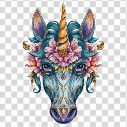 Unicorn tattoo png design with flower download 4k