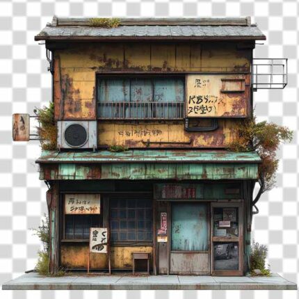 weathered Japanese building cut out in transparent background in 4k quality