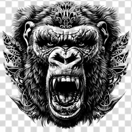 Tattoo png of gorilla's head in transparent background in 4k quality and black and white
