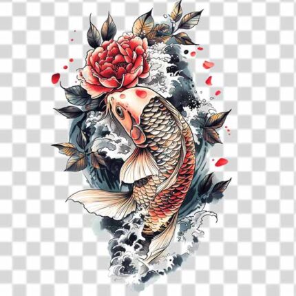 koi fish with peony flower and turbulent waves tattoo png