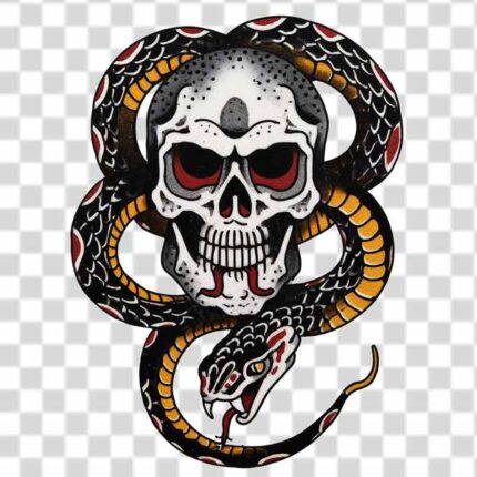 traditional tattoo design featuring a human skull intertwined with a coiled snake