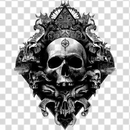 human skull tattoo design with fragmented bones around it transparent background
