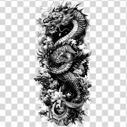 Dragon and snake in vertical design with sense of scary and dark theme in png background