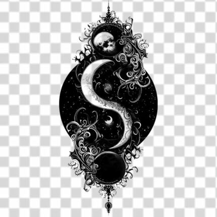 depiction of a celestial-themed Yin and Yang symbol