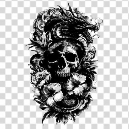 terrifying dark skull and dragon black and white in 4k