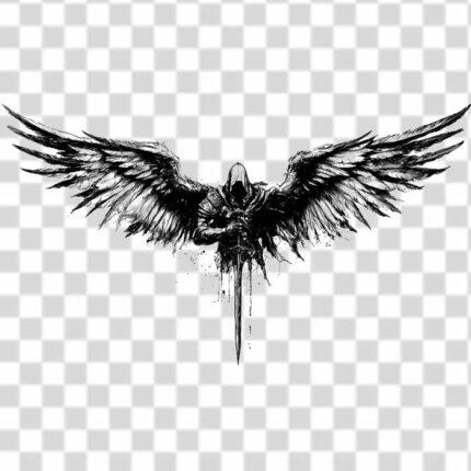 black and white ominous winged figure holding a sword