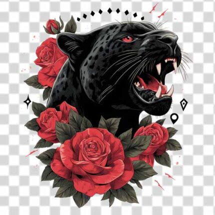 Traditional Black Panther tattoo with rose transparent background