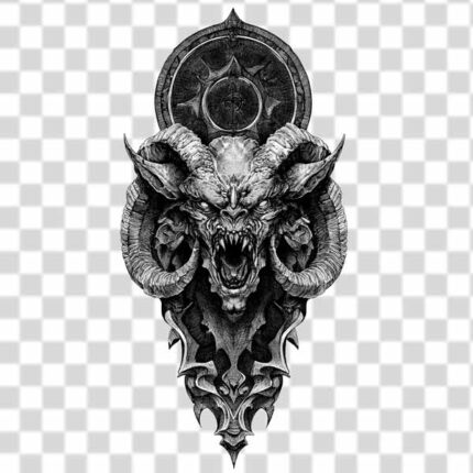 Monstrous And Demonic Head with prominent horns Tattoo PNG 4k