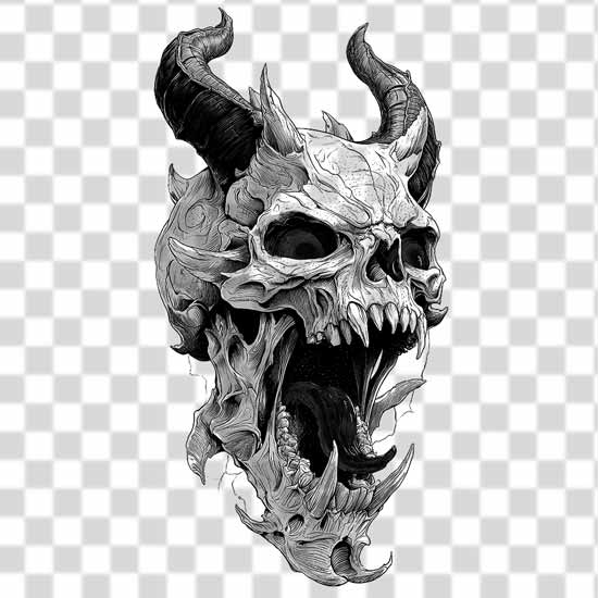 Demonic Skull Tattoo PNG Design Free Download monochrome, detailed illustration of a Demonic Skull Tattoo PNG Design Free Download 4k