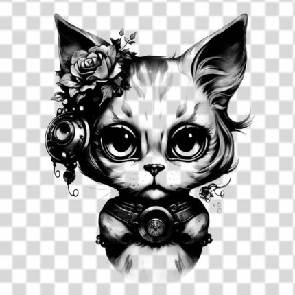 cute cat tattoo png design with clock and little flower transparent design