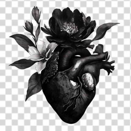 Dark heart and flower tattoo png in gothic style transparent