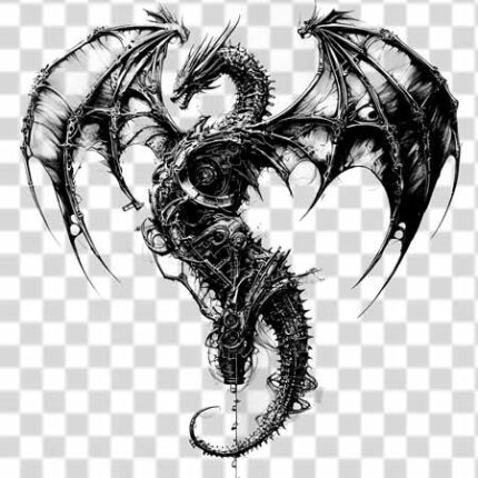 black and white mechanical dragon open wings tattoo design 4k